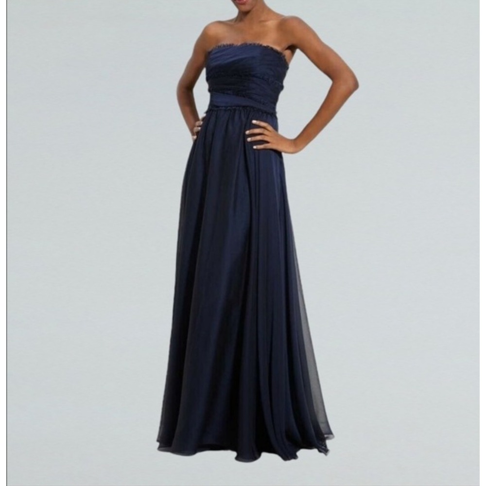 ML Monique Lhuillier Bridesmaids Navy Chiffon Strapless Gown Dress Size 6
